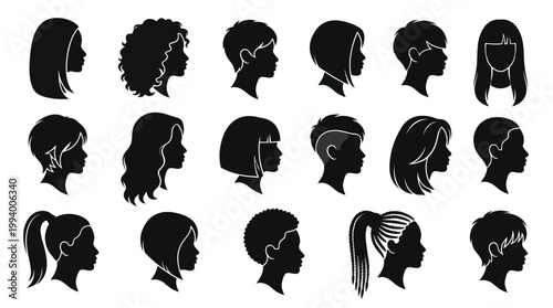 Black and White Silhouettes of Diverse Hairstyles for Women and Children