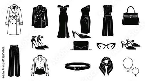 Black and White Line Art Fashion Icons: Dresses, Suits, Shoes, Bags, Accessories