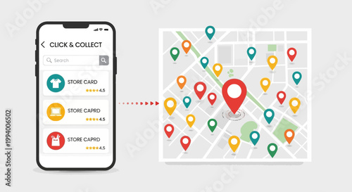 Mobile application for online shopping with local store pickup options and a map displaying available retail locations