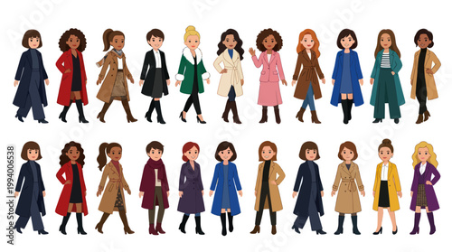 Fashion Women Winter Coats Flat Vector Illustration Collection