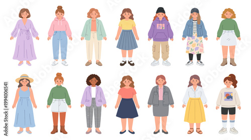 Flat illustration of diverse women in casual outfits, diverse female fashion