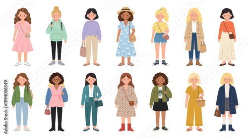 Diverse women fashion outfits, vector flat art illustration, lifestyle