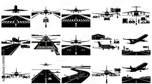 Aviation Airport Operations Silhouette Vector Icons Set - Airplanes, Runways  Ground Support