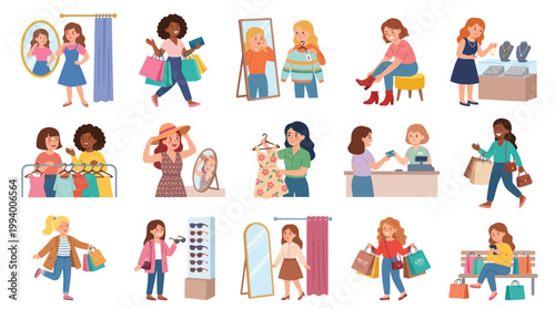 Diverse women shopping in retail stores, flat vector illustration
