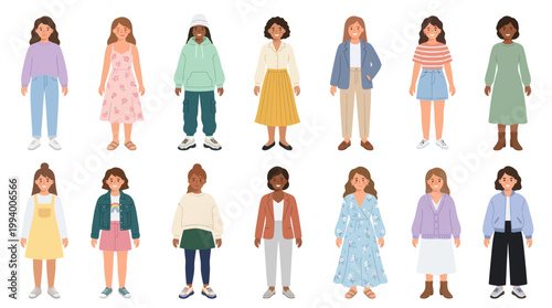 Diverse Women Characters in Flat Design Style with Various Outfits