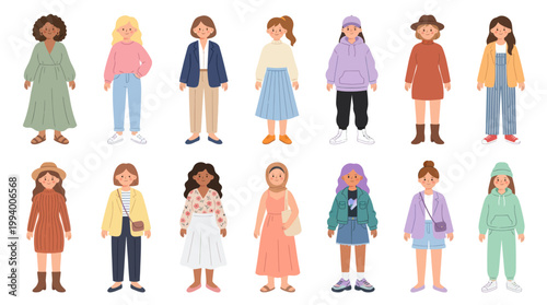 Diverse group of women in various casual outfits, flat illustration style