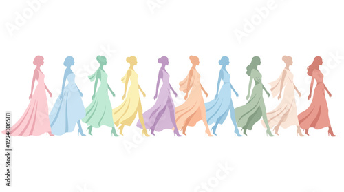 Pastel Colored Flat Vector Silhouettes of Women in Elegant Gowns Walking - Fashion  Diversity