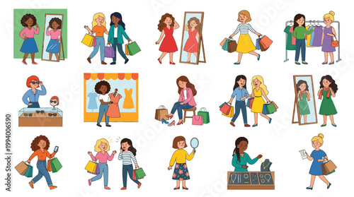 Women shopping for clothes and accessories, vector illustration, flat style