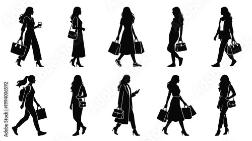 Black Silhouette of 10 Women with Shopping Bags, Fashion Vector