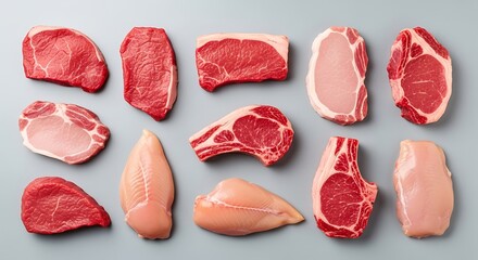 Collection of vibrant studio photos showcasing various premium raw meat cuts including beef, pork, and chicken, perfect for healthy cooking concepts
