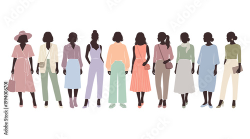 Flat illustration of diverse women fashion, stock vector, isolated