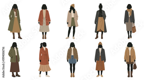 Flat vector illustration of diverse women in stylish winter fashion outfits