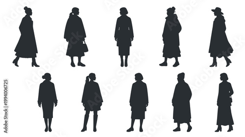 Female Fashion Silhouettes, Black  White Vector Style
