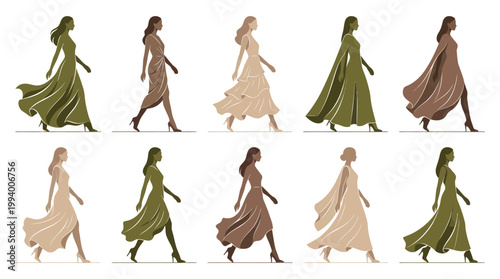 Fashion Models Walking in Elegant Dresses, Vector Art