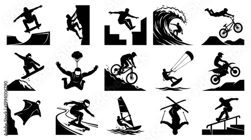 Black and White Action Sports Silhouettes Glyph Icon Set for Extreme Outdoor Activities