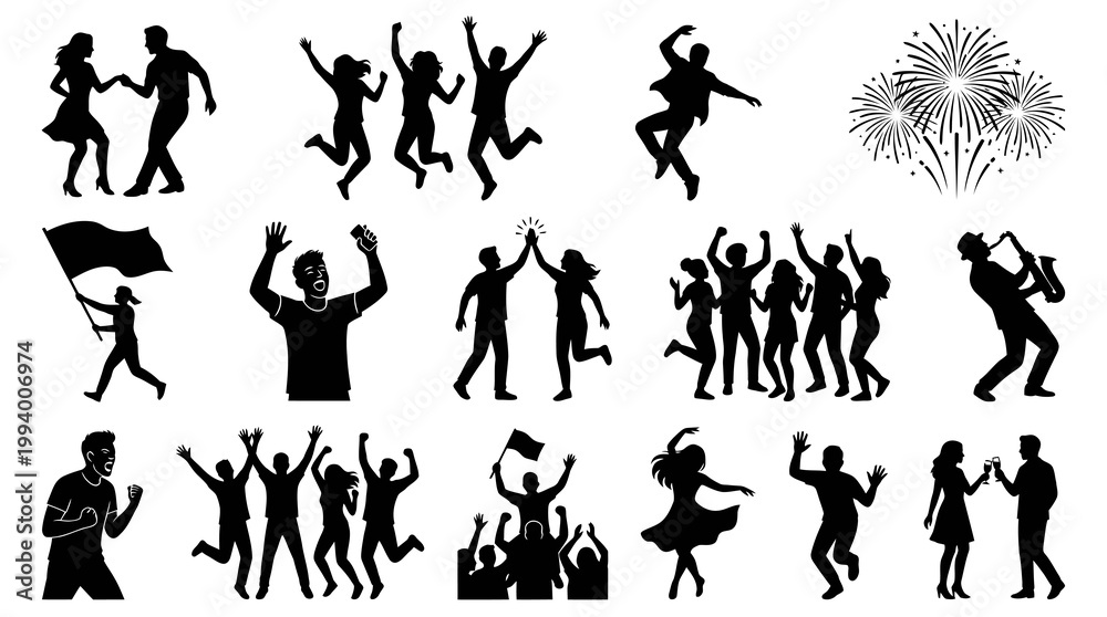 Obraz premium Dynamic Celebration People Silhouettes Vector Art Set: Dancing, Cheering, Success, Events