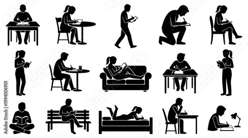Glyph Silhouette Icons: Education People Studying, Reading, Writing and Learning Activities