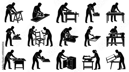 Woodworking and Carpentry Craftsmen Silhouettes with Tools and Furniture Making Icons