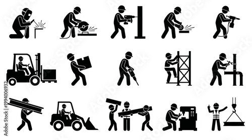 Construction workers performing various industrial tasks - Black and White Icons