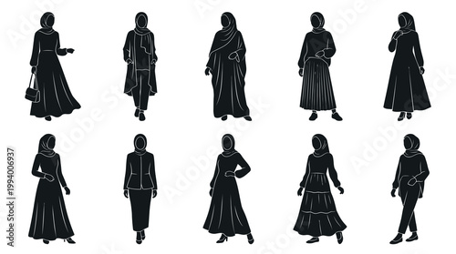 Modest Fashion Muslim Women in Hijab Silhouette Glyphs Collection