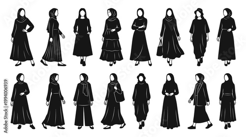 Muslim Women Modest Fashion Silhouette Vector Set - Islamic Clothing  Hijab Glyphs