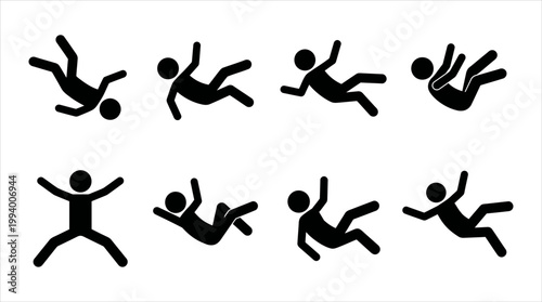 Vector collection of stick figure icons illustrating falling and losing balance effectively