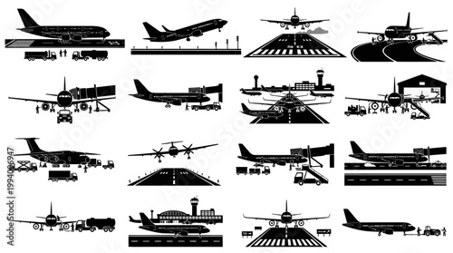 Aviation Airport Operations Vector Glyphs Set: Aircraft, Ground Service  Runway Silhouettes