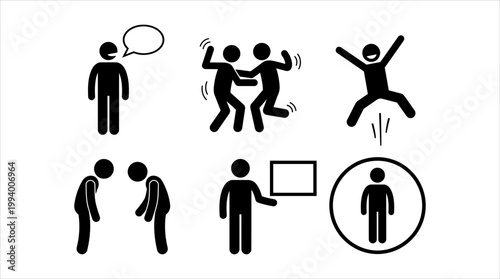 Diverse stick figure icons representing human actions, emotions, and social interactions