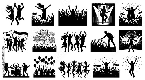 Black and white silhouettes of cheering crowds and performers at concerts and parties