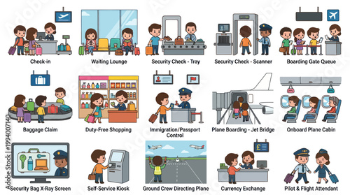 Airport Services Icons: Flat Style Vector Illustrations for Travel and Aviation