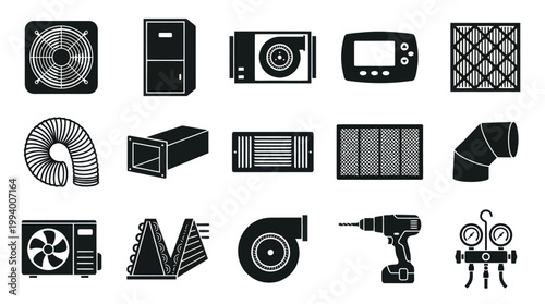 HVAC System Glyph Icons. Heating, Ventilation, Air Conditioning Equipment  Tools.
