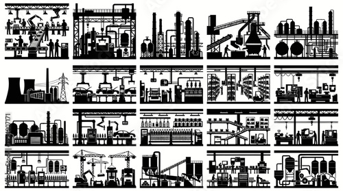 Industrial Manufacturing Production Processes Silhouettes Set - Factory  Plant Icons