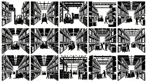 Warehouse Logistics Industry Black White Silhouette Vector Illustration Set