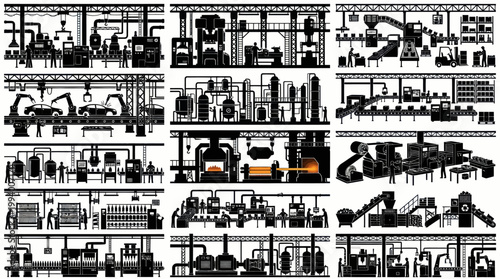 Industrial Factory Production Process Set - Black White Flat Manufacturing Silhouettes