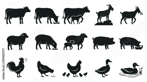 Farm Animals Silhouette Icons - Livestock, Poultry, Cute Pets