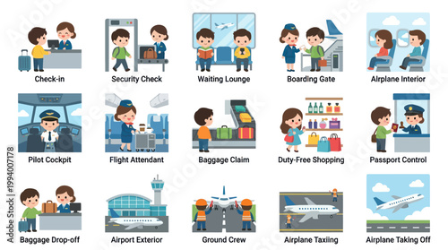 Airport Air Travel Journey Flat Vector Cartoon Illustration Set with People and Processes