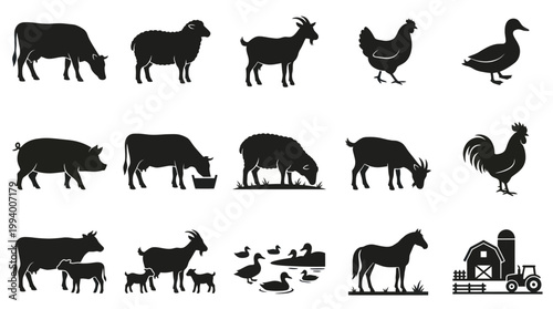 Farm Animals Silhouette Icons - Cow, Sheep, Pig, Chicken, Duck, Horse