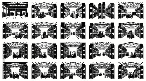 Logistics Warehouse Silhouette Icons with Forklifts and Storage Shelves - Black  White Vector Set