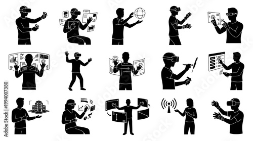 Black and White Icons of People Interacting with Augmented Reality Technology