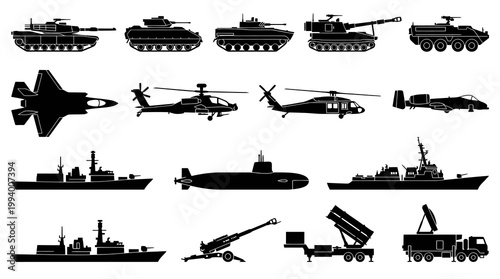 Black  White Military Equipment Icons - Tanks, Jets, Helicopters, Ships, Subs