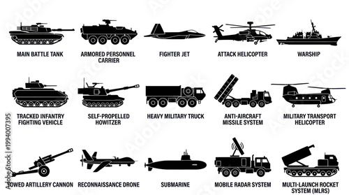 Military Vehicles  Weapons Black White Silhouette Vector Icons Set for Defense Industry