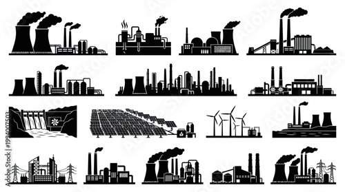 Black and white vector icons of various industrial factories and power plants