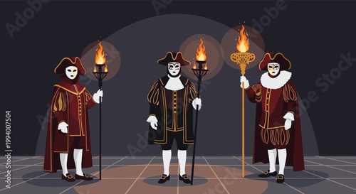Three men dressed in ornate historical Venetian carnival costumes and masks holding burning torches on a dark stage setting.