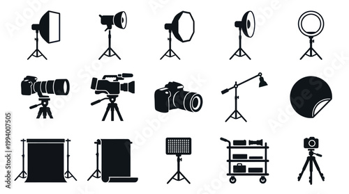 Photography Studio Equipment Icons - Black and White Vector Graphics