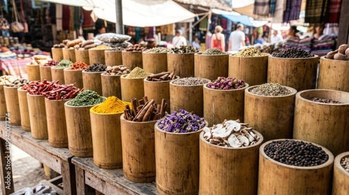 Spices and herbs in bamboo containers at outdoor market