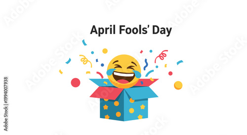 April Fools' Day celebration graphic showing a laughing emoji popping out of a blue gift box with confetti and colorful swirls.