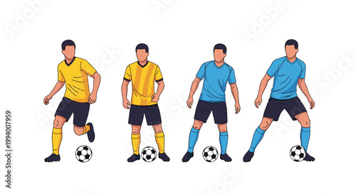 Four professional soccer players in yellow and blue uniforms dribbling balls and posing in various positions on a white field.