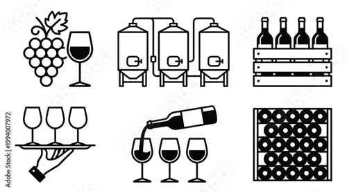 Winery Production and Wine Tasting Icon Set for Vineyard Business and Beverage Industry