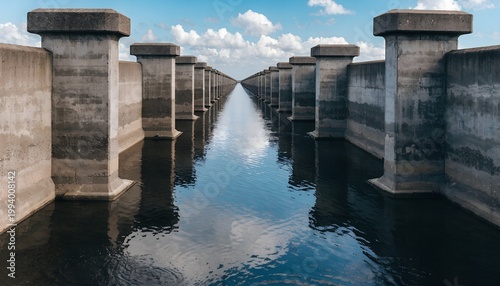 A serene canal with concrete pillars and a reflection of the blue sky