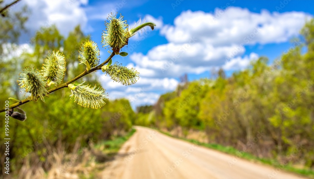 Fototapeta premium Defocused spring landscape. Beautiful nature with flowering willow branches and forest road against blue sky with clouds, soft focus. Ultra wide format.